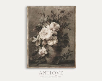 Moody Vintage Still Life | White Flowers Watercolor Painting | Vintage Printable Wall Art | Digital Download | 730