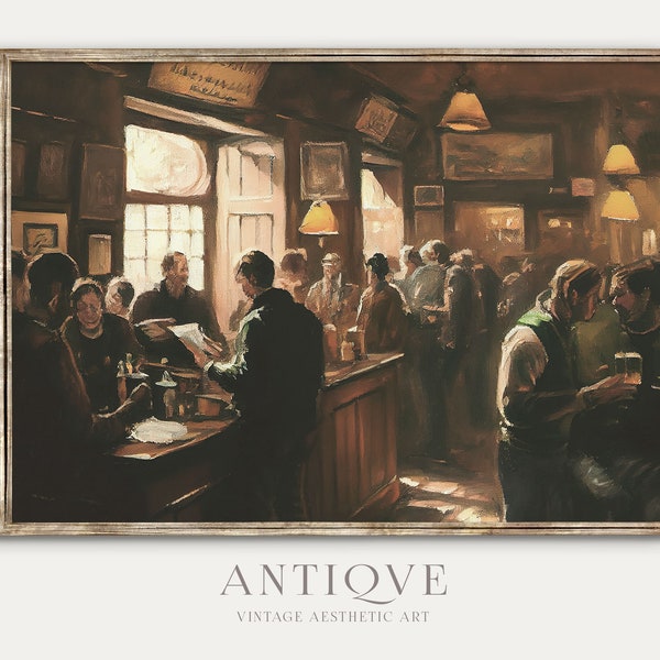 Moody Irish Pub with People Oil Painting | Crowded Traditional Pub | Ireland Home Decor | St Patrick's Day Wall Art | Digital Download | 703