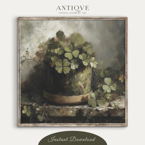 May include: A vintage painting of a potted plant with green leaves. The plant is in a brown pot with a green and brown glaze. The background is a muted green and brown.