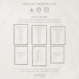 May include: A digital print size chart with the text "INSTANT DOWNLOAD" and "SIZE CHART". The chart lists various print sizes in inches, including ratios 3x2, 4x3, 5x4, 7x5, ISO, and 14x11. The bottom of the image includes the text "ANTIQVE VINTAGE AESTHETIC ART".
