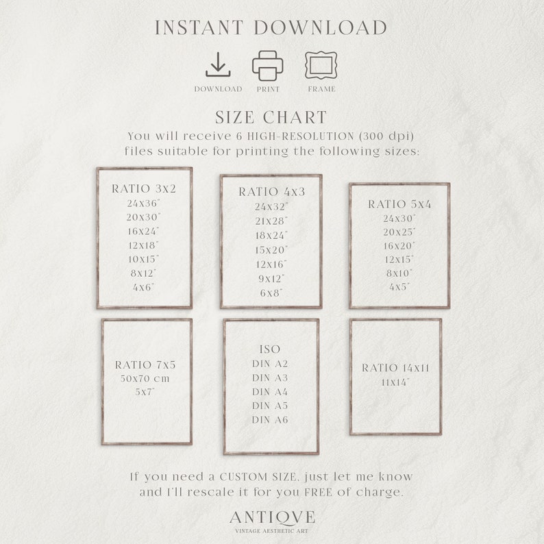 May include: A digital print size chart with the text "INSTANT DOWNLOAD" and "SIZE CHART". The chart lists various print sizes in inches, including ratios 3x2, 4x3, 5x4, 7x5, ISO, and 14x11. The bottom of the image includes the text "ANTIQVE VINTAGE AESTHETIC ART".