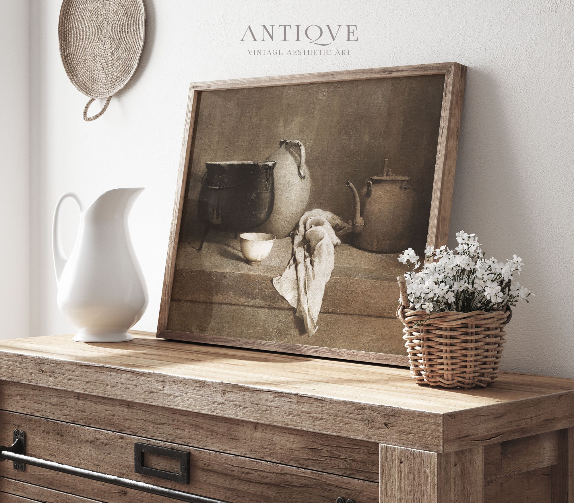 Vintage Still Life Oil Painting | Rustic Pottery in Old Kitchen ...