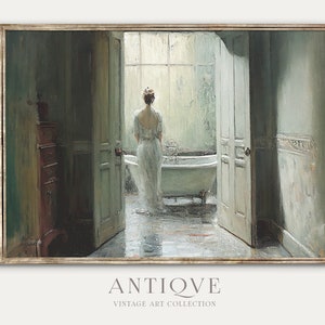 Dipinto di donna in bagno antico blu / Opera d'arte evocativa stampabile / Decorazione per angolo vasca da bagno / Download digitale / 639