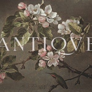 May include: A vintage painting of a blooming apple tree branch with delicate white flowers and green leaves. The painting is titled "Antique" and signed "M.J. Leclere 1975".