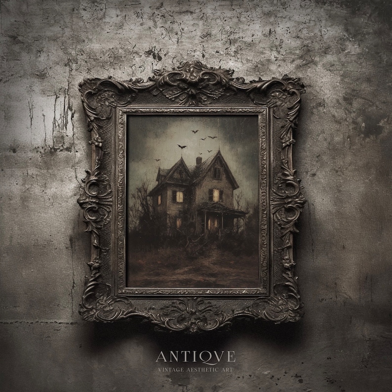 May include: An antique framed artwork featuring a spooky house with lit windows under a dark sky with flying birds. The ornate, dark-colored frame surrounds the vintage aesthetic art. The word "ANTIQVE" is at the bottom of the image.