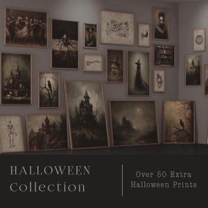 May include: A collection of framed Halloween-themed prints, featuring dark, gothic illustrations of haunted houses, witches, spiders, and skeletons. The prints are displayed on a gray wall, with the words "Halloween Collection" at the bottom.