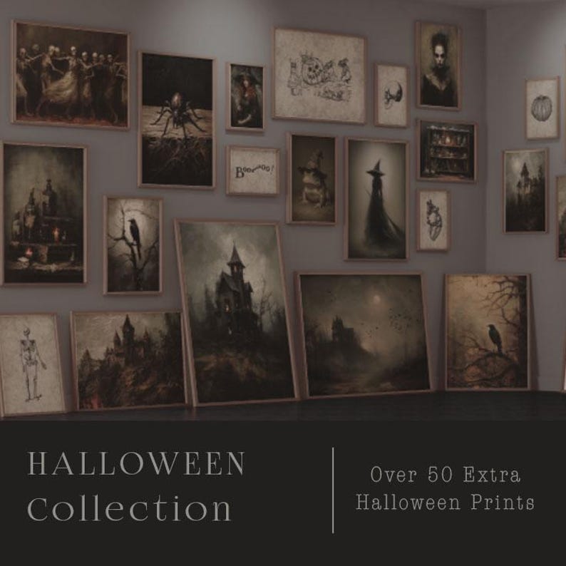 May include: A collection of framed Halloween-themed prints, featuring dark, gothic illustrations of haunted houses, witches, spiders, and skeletons. The prints are displayed on a gray wall, with the words "Halloween Collection" at the bottom.