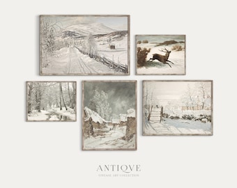 Vintage Winter Landscape Print Set | Set of 5 prints | Artwork Gallery Wall | Printable Download | S08