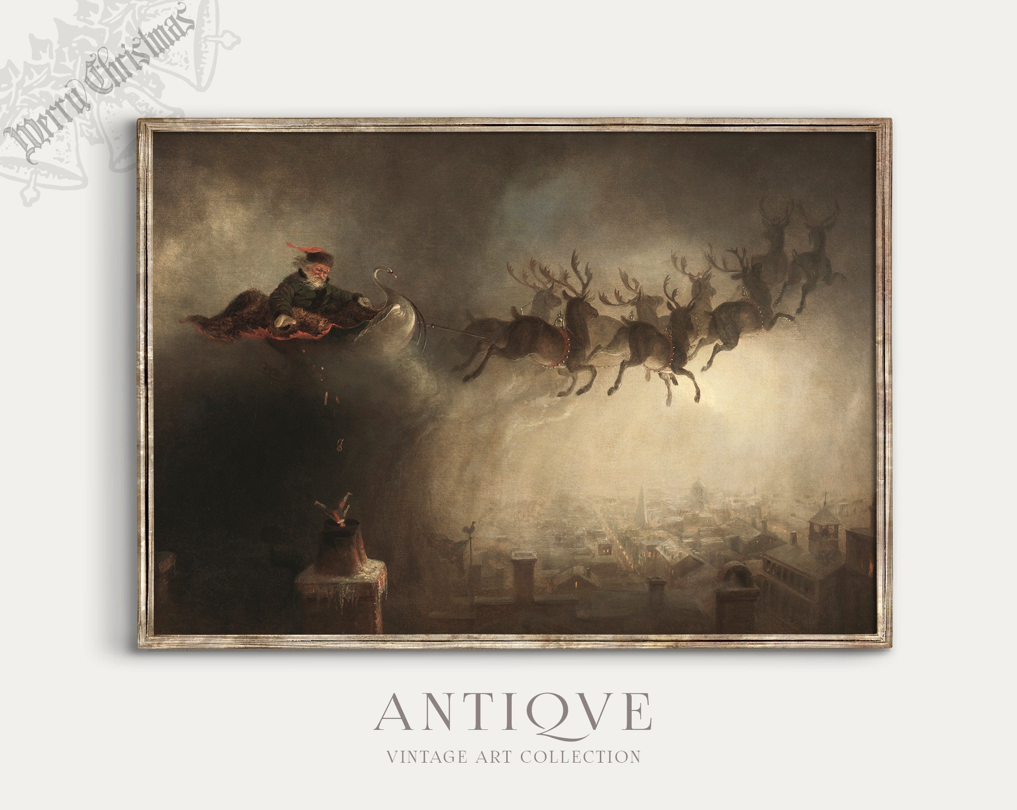 Santa Claus Printable Art | Vintage Christmas Decor Print | Father Christmas on Sleigh with Reindeers | Digital Download | 616
