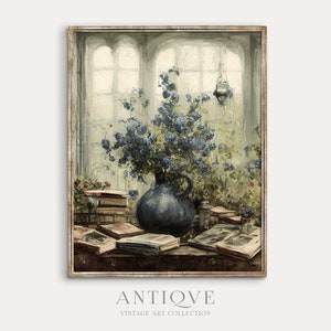 Impressionist Painting of Blue Flowers in a Vase surrounded by Books | Floral Printable Art | Cottagecore Decor | Digital Download | 624