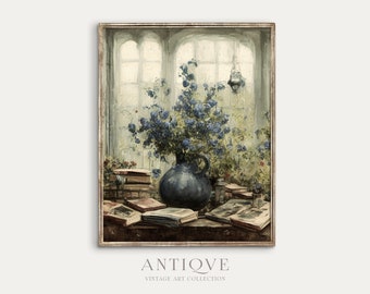 Impressionist Painting of Blue Flowers in a Vase surrounded by Books | Floral Printable Art | Cottagecore Decor | Digital Download | 624