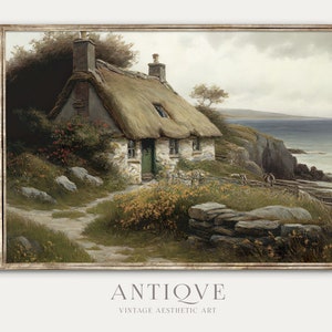 May include: A painting of a stone cottage with a thatched roof, located on a cliff overlooking the ocean. The cottage has a green door and is surrounded by lush greenery. The sky is cloudy and the water is a deep blue.