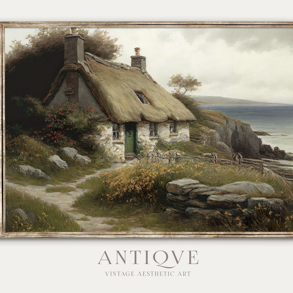 Irish Thatched Cottage by the Sea with Flowers | Ireland Home Decor | Irish Stone Cottage Printable Landscape | Digital Download | 679