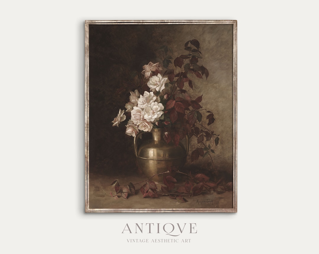 Moody Vintage Floral Still Life | White Roses With Red Leaves in Brass ...