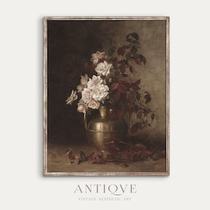 Moody Vintage Floral Still Life | White Roses with Red Leaves in Brass Vase Oil Painting | Vintage Printable Art | Digital Download | 863