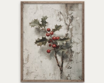 May include: A framed painting of a holly sprig with red berries against a white textured background. The frame is a light brown wood.