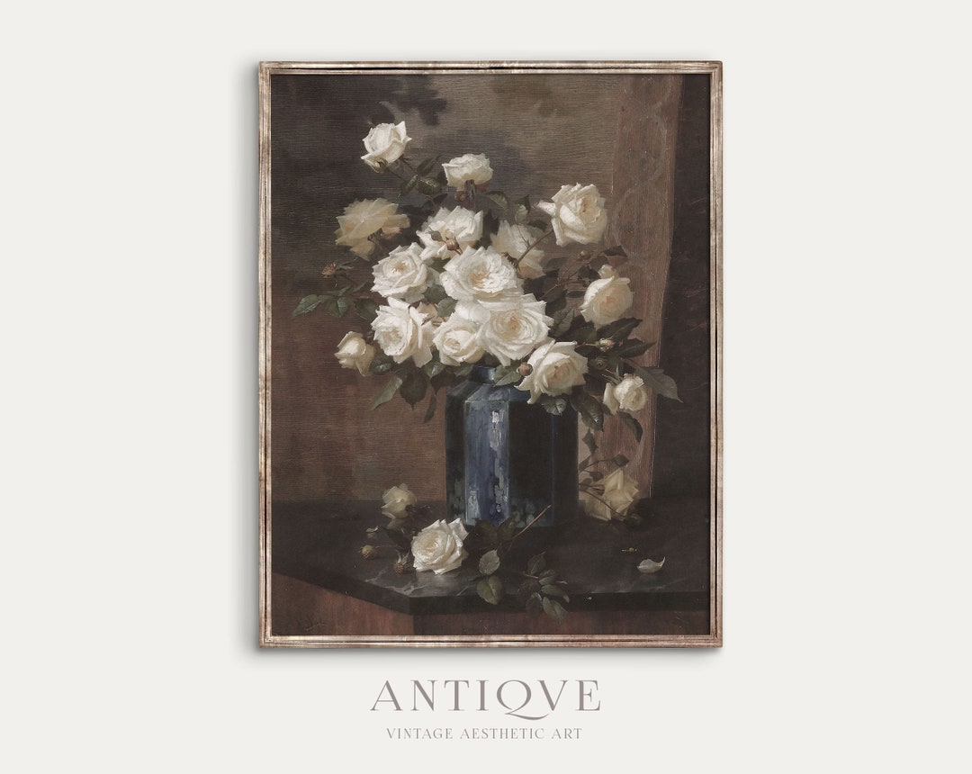 Moody Vintage Still Life | White Roses in Dark Blue Vase Oil Painting ...