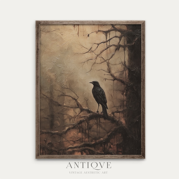 Moody Textured Painting of a Raven on a Branch with Fire in the Distance | Crow Moody Earthy Tones | Halloween Art | Digital Download | 987