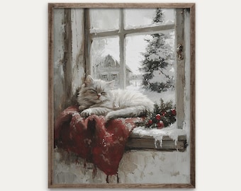 Winter White Cat Print | Christmas Kitten Art | Cozy Rustic Print | Farmhouse | Digital Download | 2013_V
