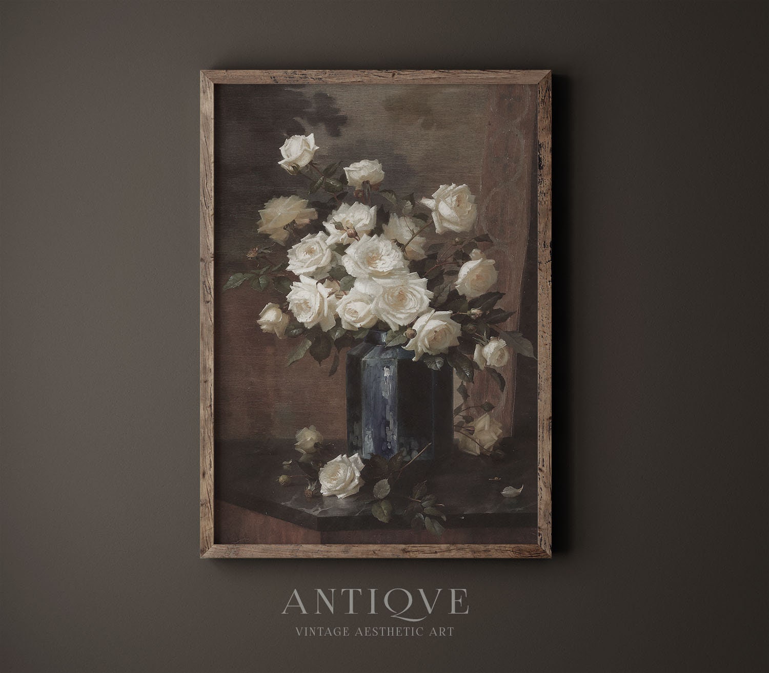 Moody Vintage Still Life | White Roses in Dark Blue Vase Oil Painting ...