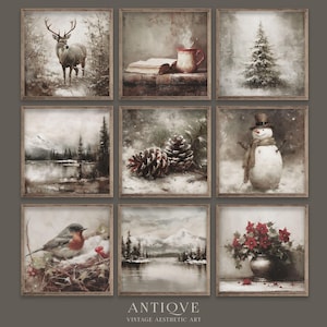 Puede incluir: Conjunto de nueve estampas de arte de invierno de estilo vintage. Las estampas representan un ciervo, un muñeco de nieve, una piña, una escena de invierno con un lago, una escena de invierno con una montaña, una escena de invierno con un bosque, una escena de invierno con una taza de café, una escena de invierno con un árbol de Navidad y una escena de invierno con una flor de pascua.