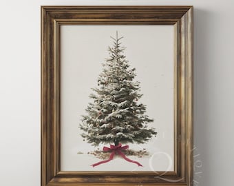 Verschneiter Tannenbaum mit roter Schleife | Elegante Urlaub druckbare Kunst | Klassisches Feiertagsdekor | Digitaler Download | 3072