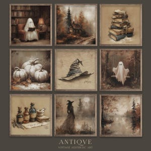 May include: Nine framed vintage aesthetic art prints. The prints feature a ghost reading in a library, a cabin in the woods, a stack of books, pumpkins, a witch's hat, a ghost on a swing, potion bottles, a witch in a forest, and a landscape. The text "ANTIOVE VINTAGE AESTHETIC ART" is at the bottom.