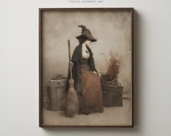 Witch with Broom Painting | Vintage Halloween Print | Neutral Autumn Decor | 2974_V