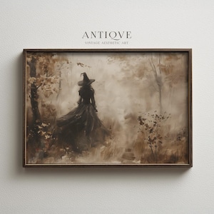 May include: A framed vintage aesthetic art print featuring a witch in a black dress and hat walking through a misty forest. The artwork is in sepia tones with the text "ANTIOVE VINTAGE AESTHETIC ART" at the top.