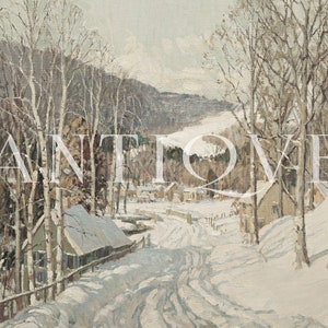May include: A snowy winter landscape painting with a small village nestled in the valley. The painting features a winding road leading up to the village, with trees lining the sides of the road. The sky is a pale blue, and the snow is a soft white.