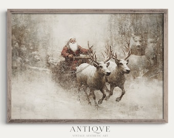 Santa Claus on Sled | Reindeers | Father Christmas on Sleigh | Rustic Christmas Decor | Farmhouse | Digital Download | 1057