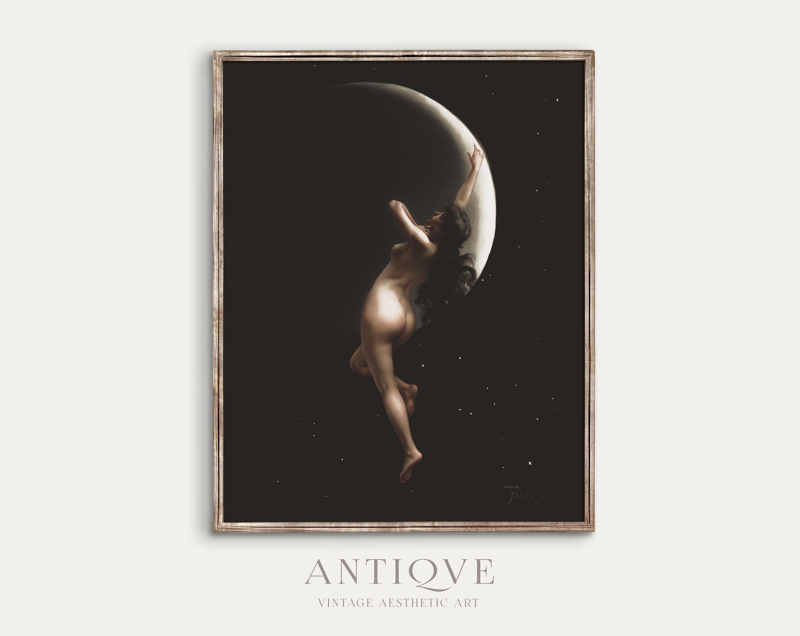 Dark Nymph on Moon Printable | Gothic Nude Painting | Moody Halloween Art | Digital Download | 851