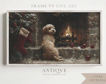 May include: A painting of a small, white dog sitting in front of a fireplace. The dog is looking at the fire, and there is a Christmas stocking hanging on the mantle above the fireplace. The painting is done in a realistic style, with a lot of detail in the fur of the dog and the flames of the fire.
