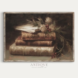 Stack of Vintage Books | Christmas Still Life | Holly | Rustic Christmas Decor | Digital Download | 1056