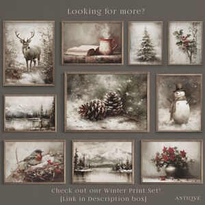 May include: Set of 9 winter-themed printable art prints. The prints feature a variety of winter scenes, including a deer in the snow, a snowman, a pine cone, a bird in a nest, a winter landscape, and a cup of hot cocoa. The prints are all in a rustic style and would be perfect for adding a touch of winter charm to your home.