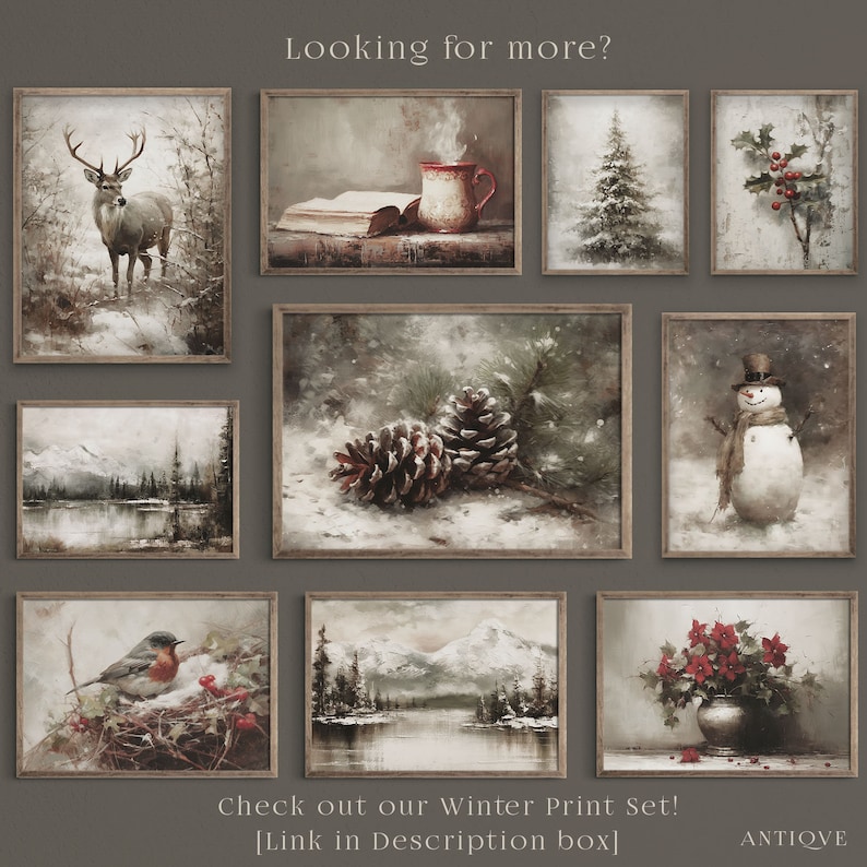 May include: Set of 9 winter-themed printable art prints. The prints feature a variety of winter scenes, including a deer in the snow, a snowman, a pine cone, a bird in a nest, a winter landscape, and a cup of hot cocoa. The prints are all in a rustic style and would be perfect for adding a touch of winter charm to your home.