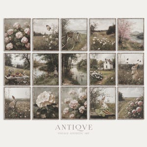 Puede incluir: Un collage de 12 ilustraciones de estilo vintage que representan escenas de la naturaleza, incluyendo una bicicleta, una casa, un río, flores y conejos. Las ilustraciones están enmarcadas en un color marrón claro y tienen una paleta de colores suave y tenue.