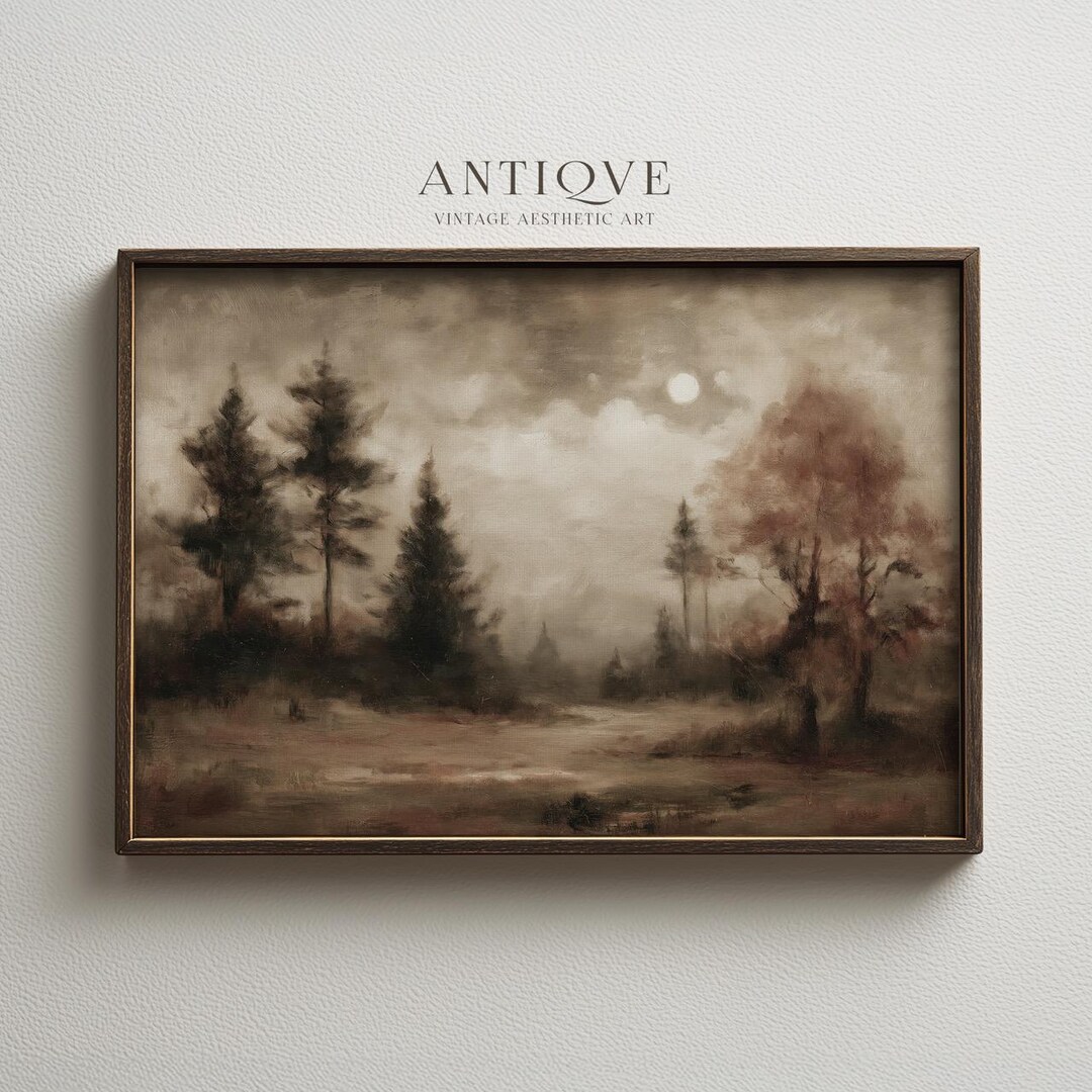 Rustic Moon Moody Full Moon Landscape | Rustic Night Forest Print | Cozy Fall Wall ...