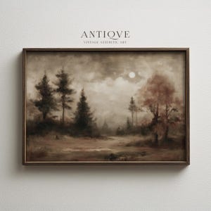 May include: A framed vintage landscape painting in sepia tones. The artwork depicts a forest scene with tall trees, a cloudy sky, and a full moon. The frame is dark brown, and the text "ANTIOVE VINTAGE AESTHETIC ART" is at the top.