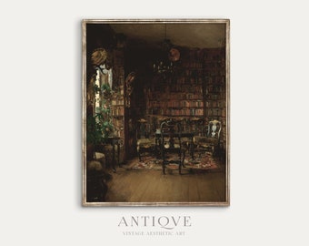 Moody Victorian Library Painting | Vintage Printable Art | Reading Nook Decor | Antique Oil Painting | Digital Download | 689
