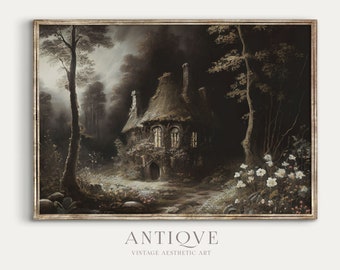 Magical Dark Cottage in the Forest | Moody Vintage Art | Dark Cottagecore Aesthetic Decor | Digital Download | 630