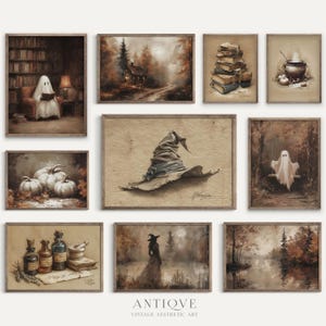 May include: A collection of framed vintage aesthetic art prints with a Halloween theme. The prints feature images of a ghost, witch hat, pumpkins, a witch, a cauldron, a library, a house, books, and a lake. The color palette is primarily brown and beige.