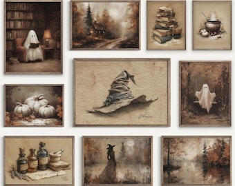 Puede incluir: Una colección de grabados artísticos estéticos vintage enmarcados con temática de Halloween. Los grabados presentan imágenes de un fantasma, un sombrero de bruja, calabazas, una bruja, un caldero, una biblioteca, una casa, libros y un lago. La paleta de colores es principalmente marrón y beige.