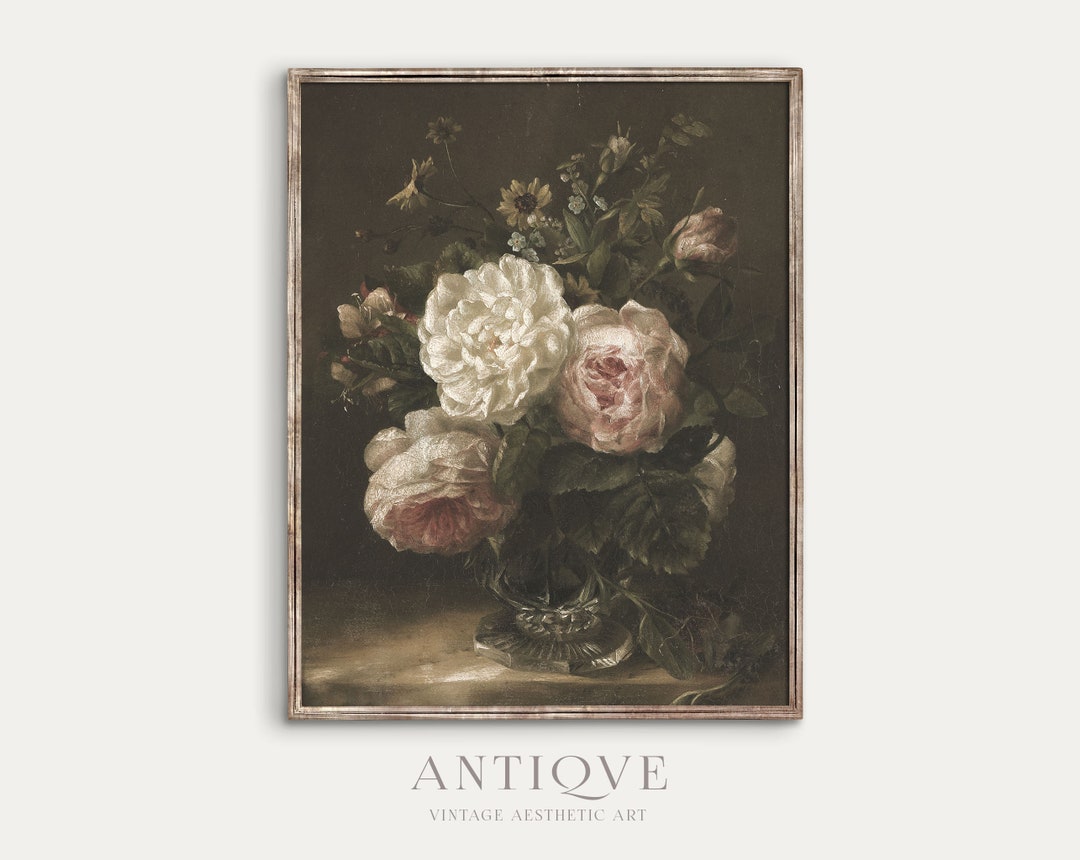 Moody Vintage Still Life | White and Pink Floral Oil Painting | Dark ...