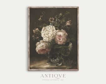 Moody Vintage Still Life | White and Pink Floral Oil Painting | Dark Academia Printable Wall Art | Printable Digital Download | 772