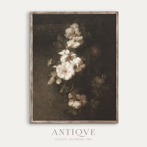 Moody Vintage Still Life | White Cotton Flowers Watercolor Painting | Vintage Printable Wall Art | Digital Download | 740