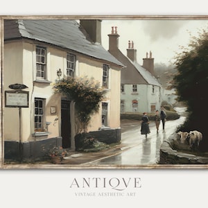 Irish Village Street with People Painting | Ireland Home Decor | Elegant Irish Printable Art | Digital Download | 680