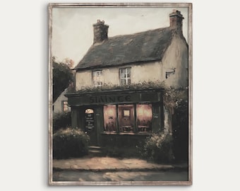 May include: A painting of a quaint, two-story building with a sign that reads "Slainte." The building has a dark green door and windows with warm, yellow light shining through. The building is surrounded by lush greenery and a cobblestone street.