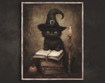 May include: A black cat wearing a witch's hat sits on a stack of old books with a lit candle beside it. An apple sits on the table in front of the cat. The image has a vintage aesthetic.