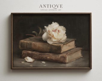 Vintage Books with White Peony | Rustic Still Life Wall Art | Autumn Cottagecore Printable | 2881_H
